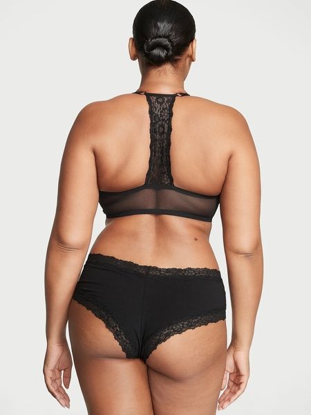 Трусики-чики женские хлопковые с кружевом Victoria's Secret Lace-Waist Cotton Cheeky Panty черные 51u-bz2-ya3 фото