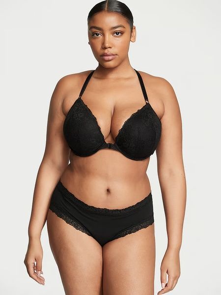 Трусики-чики женские хлопковые с кружевом Victoria's Secret Lace-Waist Cotton Cheeky Panty черные 51u-bz2-ya3 фото