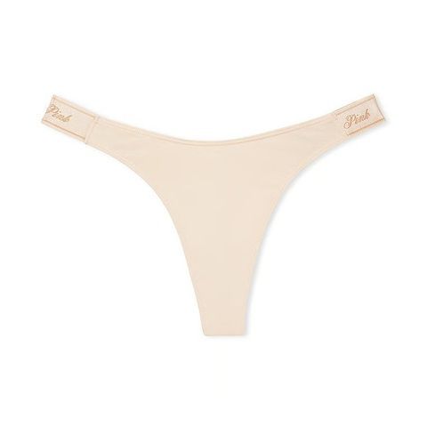 Трусики-стринги женские хлопковые PINK Victoria's Secret Logo Cotton High-Leg Thong бежевые eb2-l0l-6od фото
