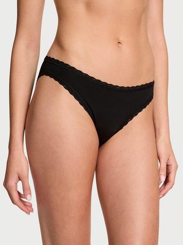 Трусики-бикини женские хлопковые Victoria's Secret Lace-Waist Bikini Panty черные  yu7-xq5-a34 фото