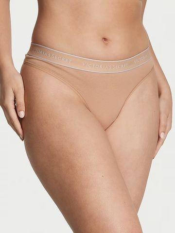 Трусики-стринги женские хлопковые Victoria's Secret Logo Cotton Thong Panty бежевые 2dt-a0p-l34 фото
