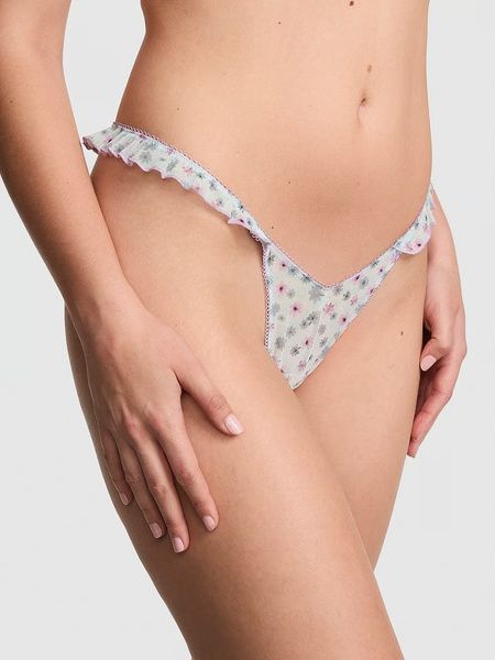 Трусики-стринги кружевные женские с рюшами Victoria's Secret PINK Wink Flutter Thong Panty серые  erw-ibb-0jt фото