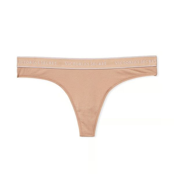 Трусики-стринги женские хлопковые Victoria's Secret Logo Cotton Thong Panty бежевые 2dt-a0p-l34 фото