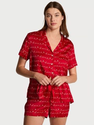 Пижама сатиновая красная (шорты+сорочка) Victoria's Secret Signature Satin Short Pajama Set 69e-a6w-fp3 фото