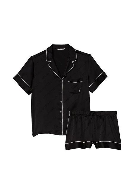 Пижама сатиновая черная (шорты+рубашка) Victoria's Secret Satin Short Pajama Set S 2u6-d63-xum фото