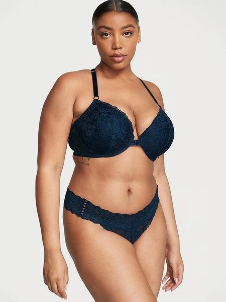 Трусики-стрінги жіночі мереживні Victoria's Secret Lace-Up Lace Thong Panty темно-сині rzv-am7-ci5 фото