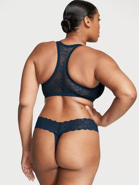 Трусики-стрінги жіночі мереживні Victoria's Secret Lace-Up Lace Thong Panty темно-сині rzv-am7-ci5 фото