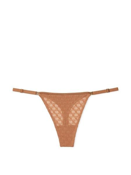 Трусики-стринги женские люксовые кружевные Victoria's Secret Icon Lace Adjustable Thong Panty бежевые ywo-n93-anw фото