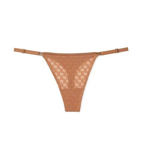 Трусики-стринги женские люксовые кружевные Victoria's Secret Icon Lace Adjustable Thong Panty бежевые ywo-n93-anw фото
