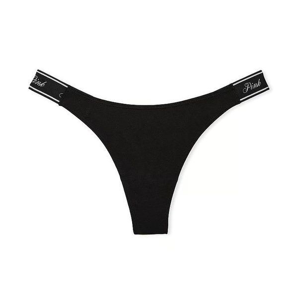 Трусики-стрінги бавовняні PINK Victoria's Secret Logo Cotton High-Leg Thong Panty чорні g5g-3up-f45 фото