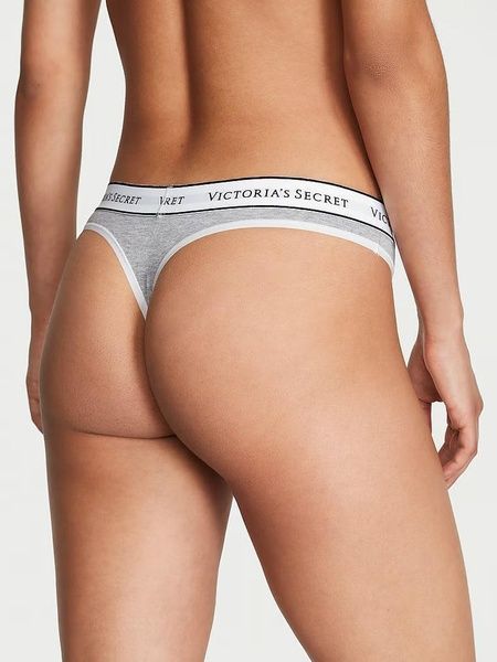 Трусики-стринги женские хлопковые Victoria's Secret Logo Cotton Thong Panty серые  sta-361-7jt фото