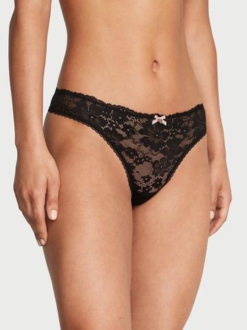 Трусики-стринги женские кружевные люксовые Victoria's Secret Lace-Front Thong Panty черные psn-rza-vz5 фото