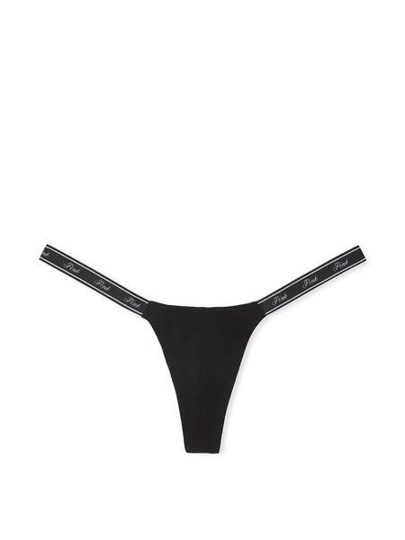 Трусики-стринги жіночі бавовняні PINK Victoria's Secret Logo Cotton Shine Micro Thong Panty чорні  0a8-32j-12j фото