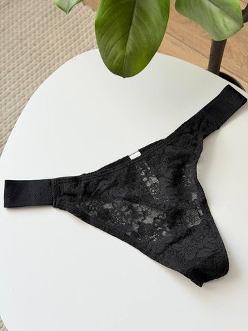 Трусики-стринги женские кружевные PINK Victoria's Secret Logo High-Leg Thong черные  gv4-am4-po1 фото