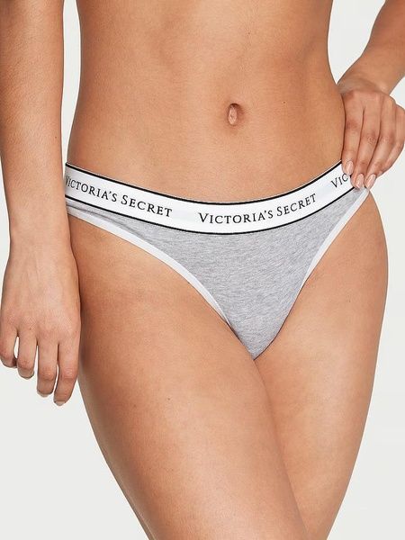 Трусики-стринги женские хлопковые Victoria's Secret Logo Cotton Thong Panty серые kzr-6h5-2bk фото