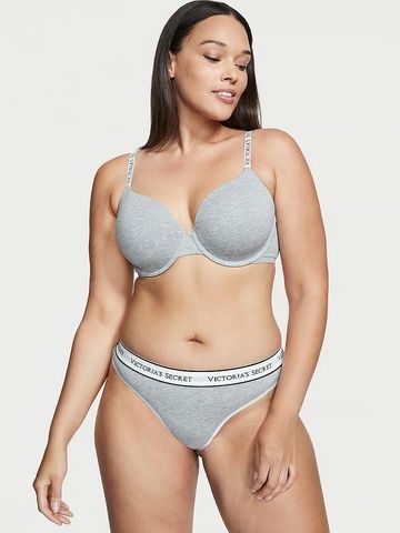 Трусики-стринги женские хлопковые Victoria's Secret Logo Cotton Thong Panty серые kzr-6h5-2bk фото