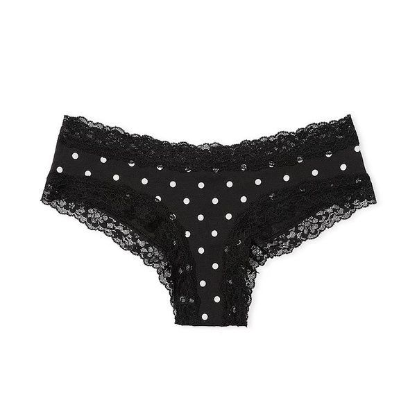 Трусики-чики женские хлопковые с кружевом с принтом Victoria's Secret Lace-Waist Cotton Cheeky Panty черные w4j-oky-yqn фото