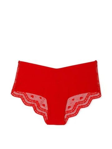 Трусики-чики женские бесшовные с кружевом Victoria's Secret No-Show Heart Mesh-Back Cheeky Panty красные pqa-2fk-ogr фото