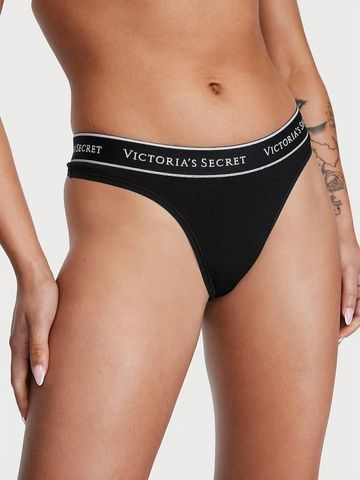 Трусики-стринги женские хлопковые Victoria's Secret Logo Cotton Thong Panty черные 8l5-709-4s8 фото