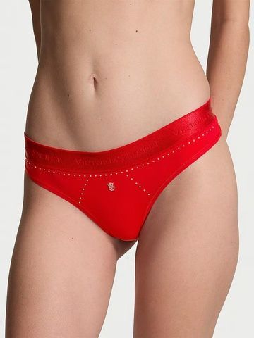 Трусики-стринги женские эластичные с логотипом Victoria's Secret Logo Micro Shine Thong Panty красные 7rx-71s-mfe фото