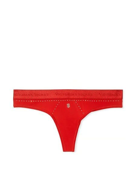 Трусики-стринги женские эластичные с логотипом Victoria's Secret Logo Micro Shine Thong Panty красные 7rx-71s-mfe фото