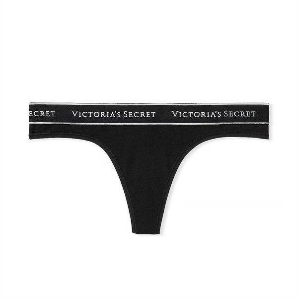 Трусики-стрінги жіночі бавовняні з лого Victoria's Secret Logo Cotton Thong Panty чорні 8l5-709-4s8 фото
