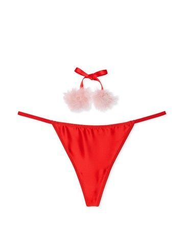 Трусики-стринги женские Victoria's Secret Satin Pom Pom V-String Panty красные sah-7vd-c26 фото