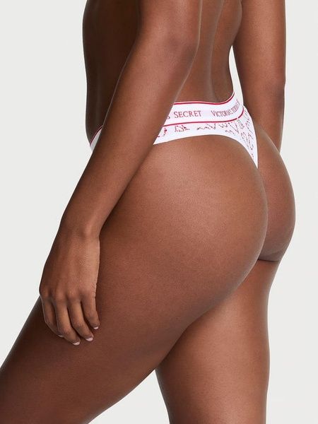 Трусики-стринги женские хлопковые Victoria's Secret Logo Cotton Thong Panty белые  d3l-jx7-yid фото