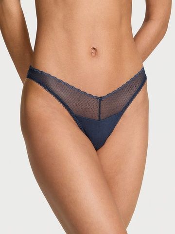 Трусики-стринги женские хлопковые Victoria's Secret Stretch Pointelle High-Leg Scoop Thong Pantyy синие  zip-a39-ncf фото