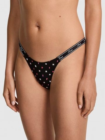 Трусики-стринги женские хлопковые PINK Victoria's Secret Logo Cotton Shine Micro Thong Panty черные  wve-vhl-dyg фото
