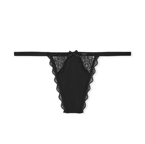 Трусики-стринги женские люксовые с кружевом Victoria's Secret Lace-Trim V-String Panty черные xag-ru9-x3j фото