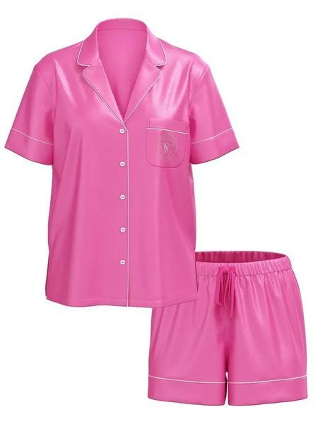 Пижама сатиновая розовая (шорты+сорочка) Victoria's Secret Signature Satin Short Pajama Set XS 8pm-3hr-uqd фото