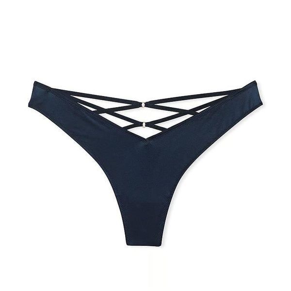 Трусики-стринги женские люксовые Victoria's Secret Strappy Back High-Leg Thong Panty темно-синие r23-284-1bk фото