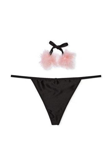 Трусики-стринги женскиеVictoria's Secret Satin Pom Pom V-String Panty черные wh7-780-p00 фото