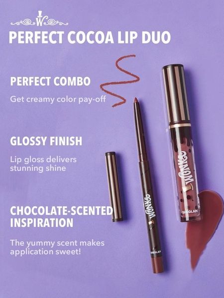Набір для губ (блиск+олівець для губ) Sheglam Willy Wonka Cocoa Kiss Lip Duo 2.7мл+0.25г Hot Fudge 907-876 фото