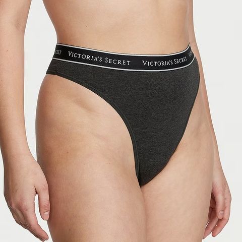Трусики-стринги с высокой посадкой Victoria's Secret Logo Cotton High-Waist Thong Panty темно-серые n51-ilh-8kk фото