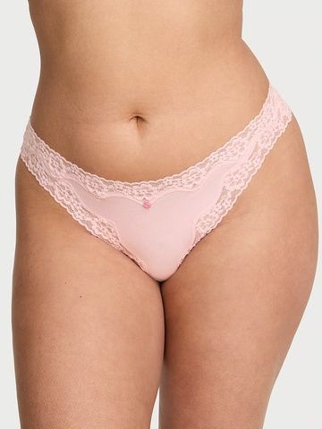 Трусики-стринги бавовняні Victoria's Secret Cotton Lace-Waist Thong Panty пудрові  voo-uhc-9vs фото