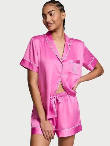 Пижама сатиновая розовая (шорты+сорочка) Victoria's Secret Signature Satin Short Pajama Set M xbx-529-z3c фото