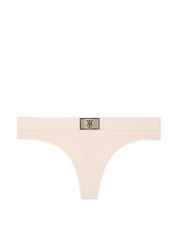 Трусики-стринги женские хлопковые с логотипом Victoria's Secret Logo Cotton Shine Patch Thong Panty бежевые 2rd-mro-z5h фото