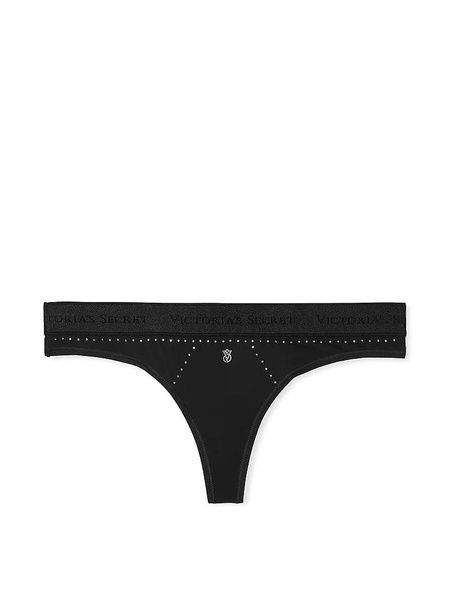 Трусики-стрінги жіночі еластичні з логотипом Victoria's Secret Logo Micro Shine Thong Panty чорні xdu-6kl-881 фото