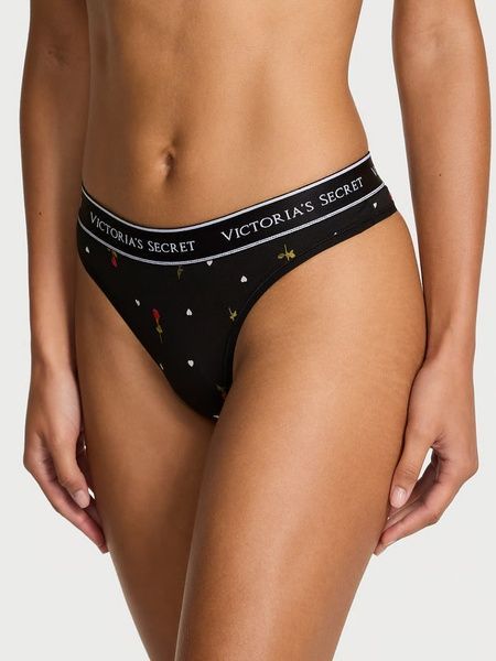 Трусики-стринги жіночі бавовняні Victoria's Secret Logo Cotton Thong Panty чорні  ehk-73b-nms фото