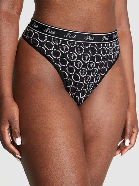Трусики-стрінги з високою посадкою PINK Victoria's Secret Logo Cotton High-Waist Thong Panty чорні no2-y7n-cla фото