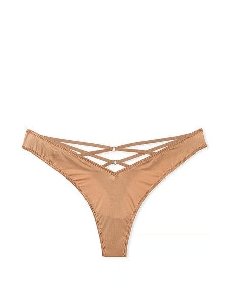 Трусики-стринги женские люксовые Victoria's Secret Strappy Back High-Leg Thong Panty бежевые cab-he9-hkj фото