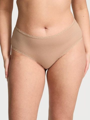 Трусики-чики женские хлопковые Victoria's Secret Cotton Lace-Waist Cheeky Panty бежевые a4v-i7q-ebl фото