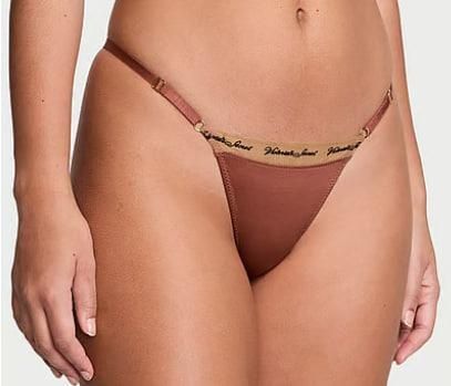 Трусики-стринги женские люксовые Victoria's Secret Logo Embroidery Adjustable Thong Panty коричневые dmw-bgp-kjy фото