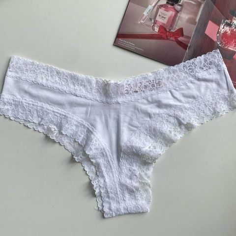 Трусики-чики женские хлопковые с кружевом PINK Victoria's Secret белые dfg-2mj-rg5 фото
