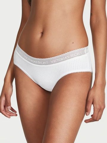 Трусики-хипстер женские Victoria's Secret Logo Cotton Lace-Waist Hiphugger Panty белые ht4-24a-lq9 фото