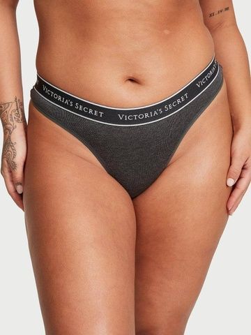 Трусики-стринги женские хлопковые с логотипом Victoria's Secret Logo Cotton Thong Panty темно-серые zq3-4c9-x56 фото