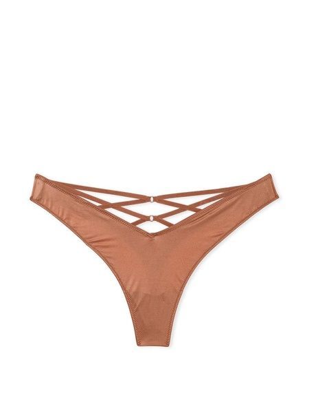 Трусики-стринги женские люксовые Victoria's Secret Strappy Back High-Leg Thong Panty темно-бежевые 46e-49e-lla фото