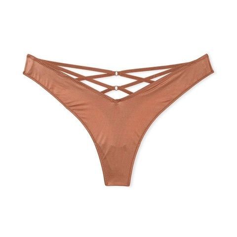 Трусики-стринги женские люксовые Victoria's Secret Strappy Back High-Leg Thong Panty темно-бежевые 46e-49e-lla фото